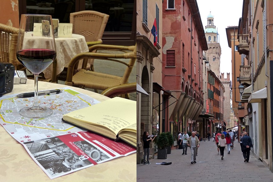 Exploring Bologna over a glass of red wine and strolling around the city