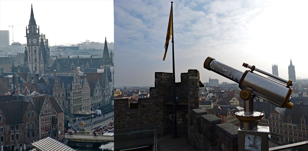 Fernrohr, Flagge und Aussicht auf historischen Kern von Gent, Gent Sehenswürdigkeiten, Moments of Travel