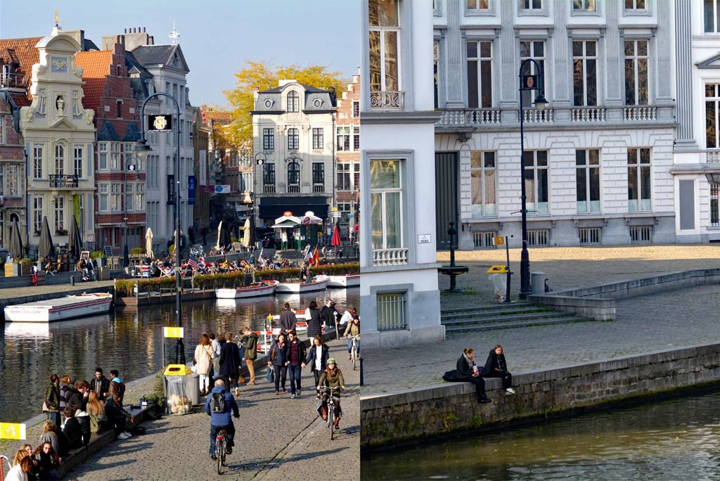 Menschen laufen entlang Korenlei und Graslei in Gent, Gent Sehenswürdigkeiten, Moments of Travel