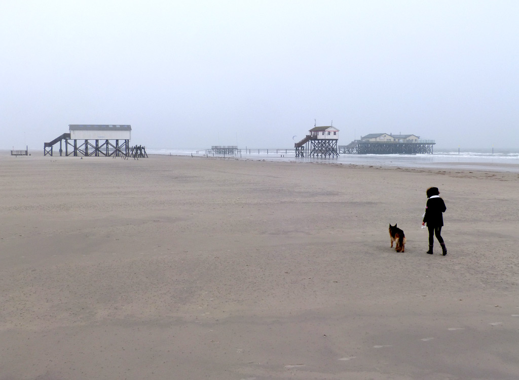 Mädel mit Hund am Strand von St. Peter-Ording