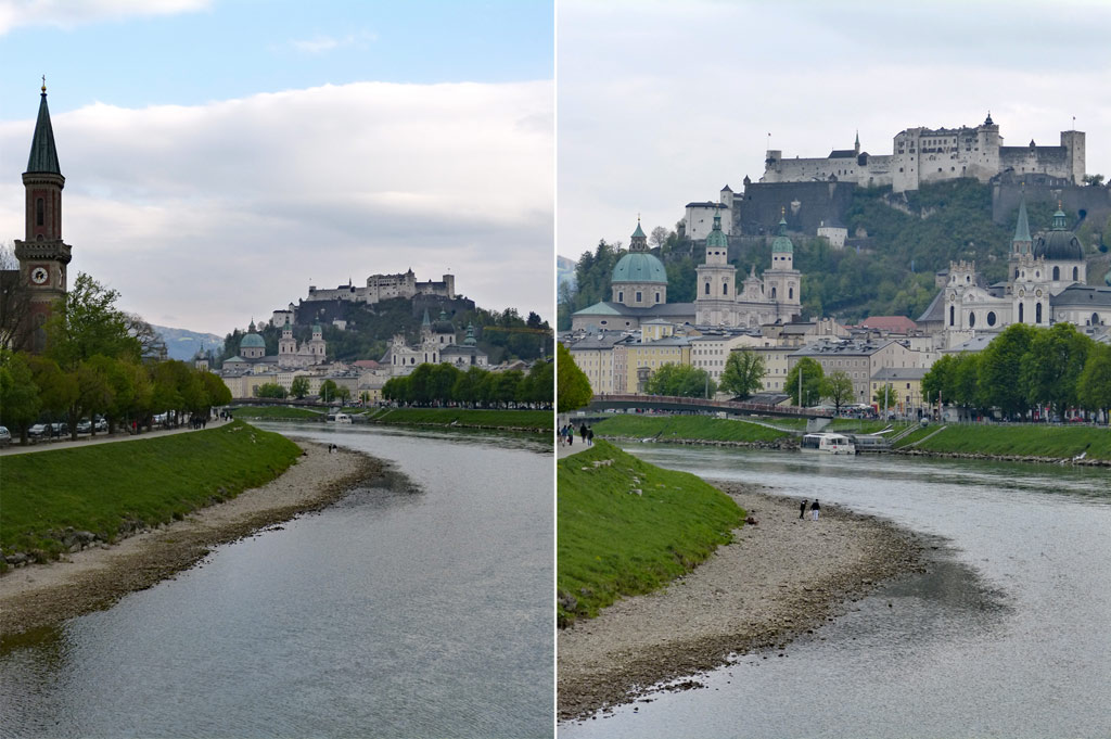 Fluss und Ufer mit Menschen Festung auf Berg Salzburg