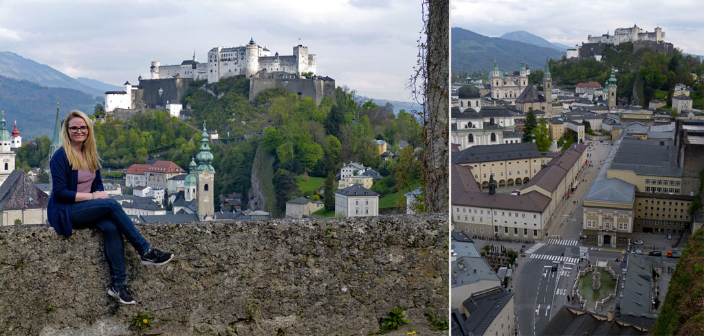 Frau auf Mauer vor Festung Hohensalzburg