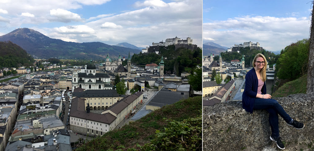 Frau auf Mauer und Salzburg