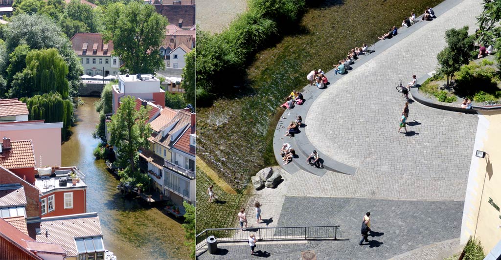 Häuser Fluss Menschen Erfurt von oben