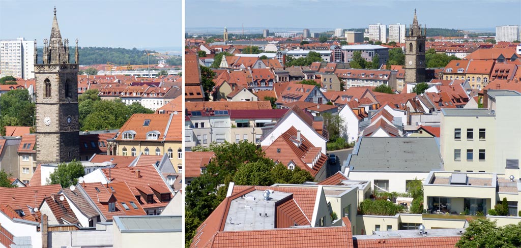 Kirchturm Dächer Bäume Erfurt